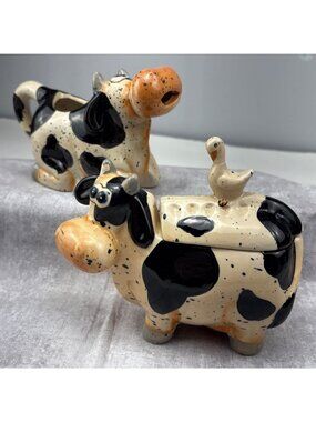 Black & White Hand-Painted Cow Sugar Bowl Creamer Set Adorable Duck Accent